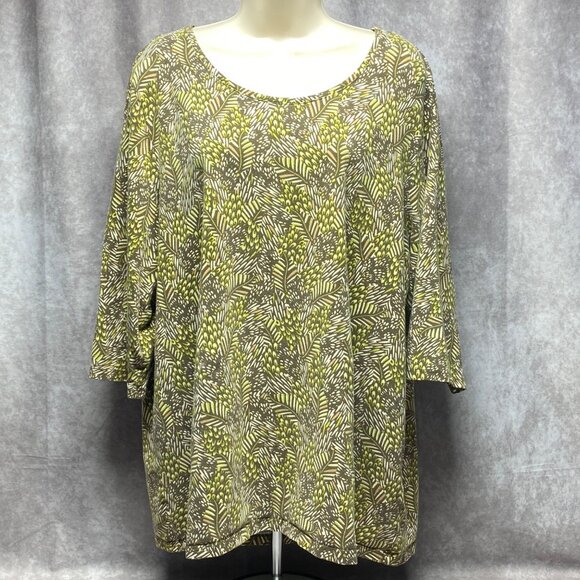 Catherines Womens Plus Size 1X Top 18/20W Leaf Print 3/4 Sleeve Scoop Neck - Picture 2 of 11